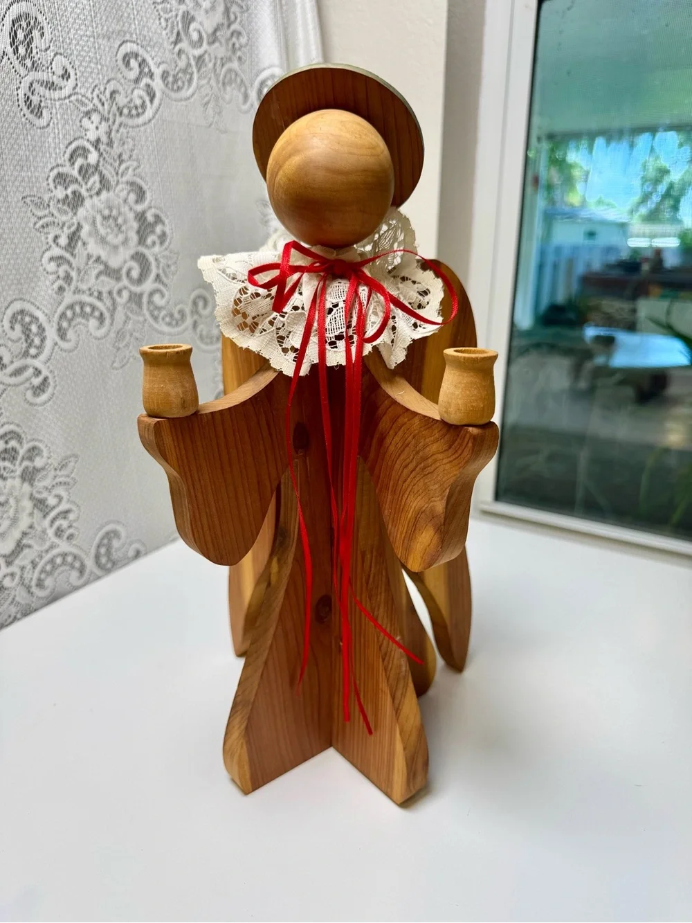 Handcrafted Wooden Angel Candle Holder with Lace Collar